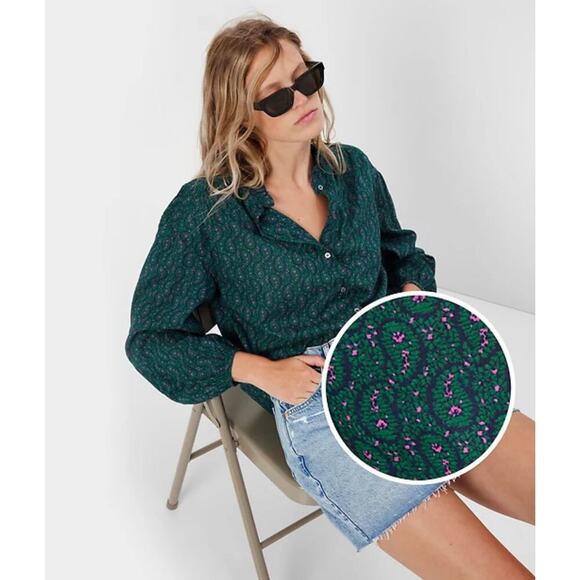 Gap Green Paisley Print Long Sleeve Mock Neck Top Blouse Women's Large Whimsical - Picture 1 of 10